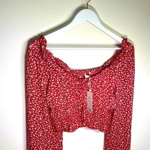 SIM & Sam red floral crop top with ballon sleeves